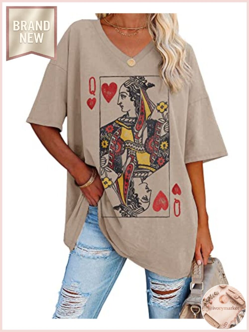 Women's Oversized Queen of Hearts Graphic Tee V-Neck Cotton Tunic Top